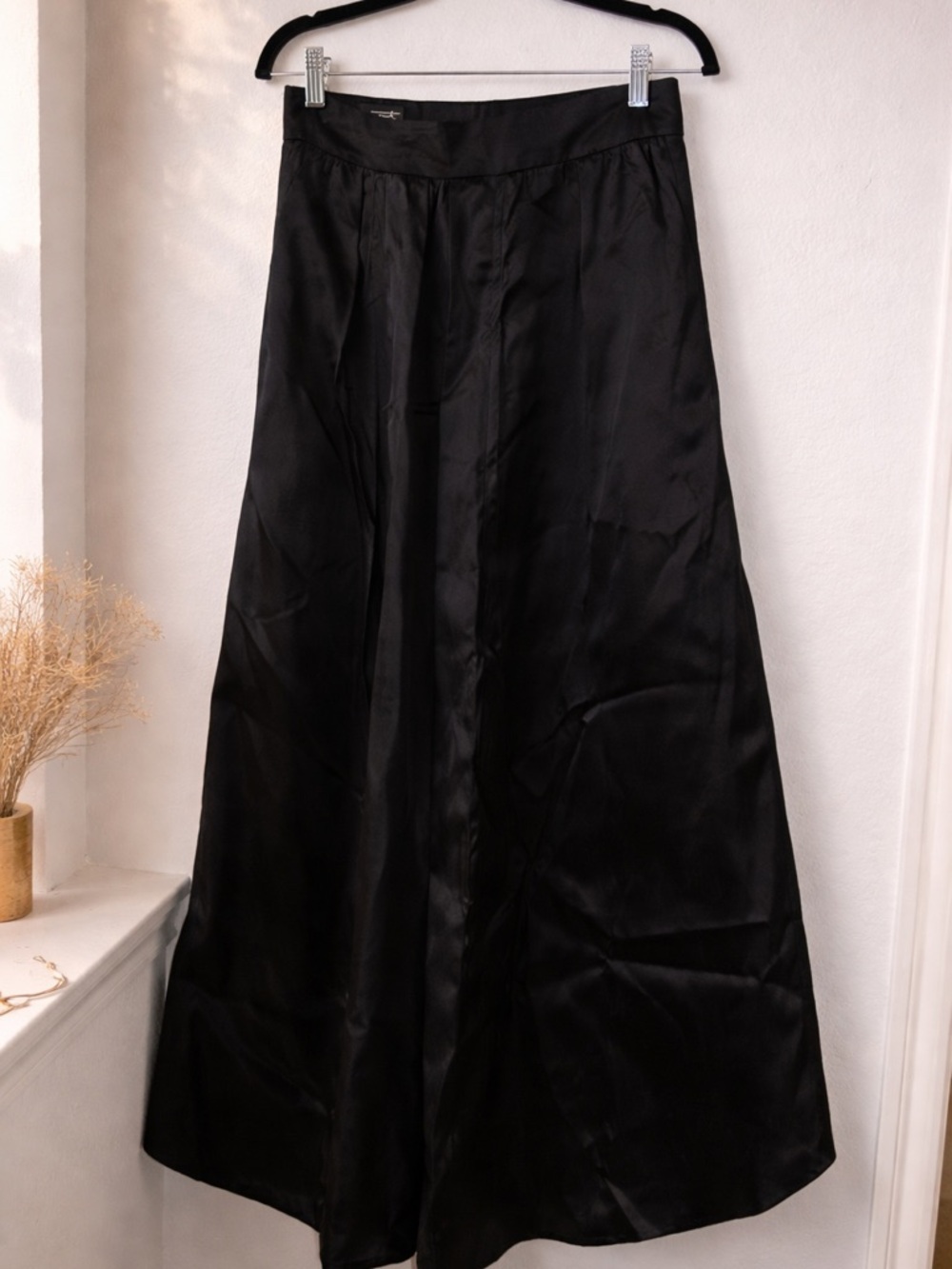 Women's Black Satin Maxi Skirt - Classic A-Line